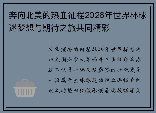 奔向北美的热血征程2026年世界杯球迷梦想与期待之旅共同精彩